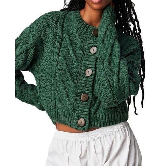 Free People Sweaters - Free People Bonfire Cardi Cropped Button Up Cable Knit Green Boho Cottagecore S